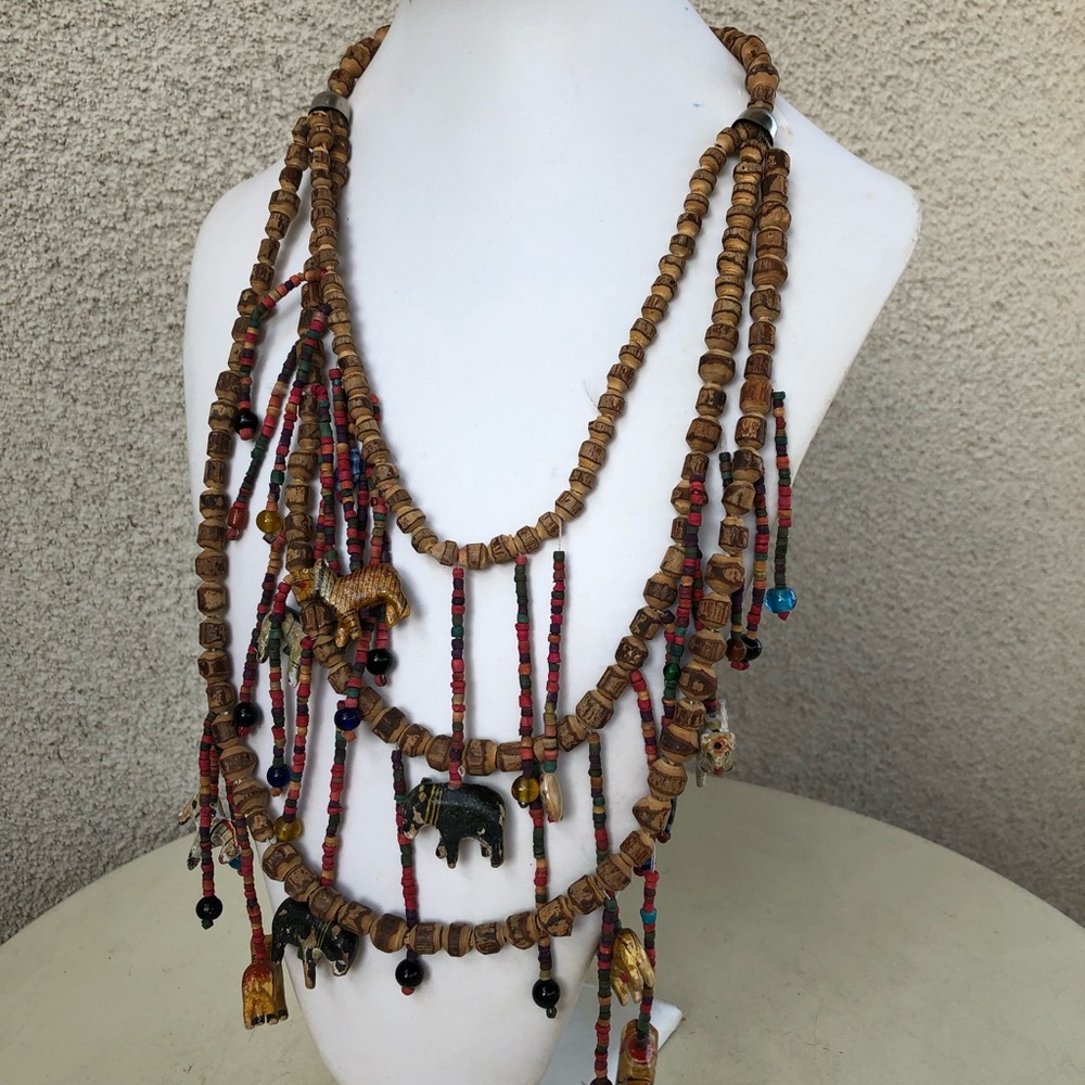 Boho wood animal beads multi strands necklace